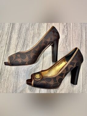 Coach Brown Monogram Peep-Toe Heels with Gold Accent runway item worn 20 mins